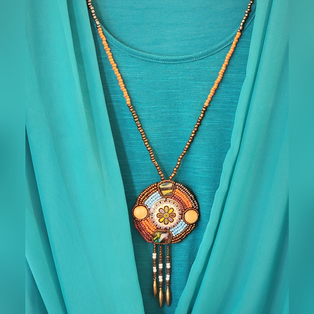 New Directions Teal Draped Short-Sleeve Blouse long beaded statement necklace Sm - Picture 13 of 15